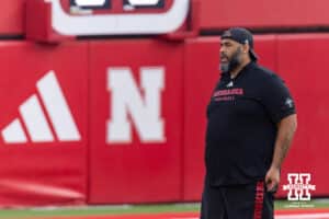 Nebraska Cornhusker outside linebackers coach Phil Simpson running drills during Nebraska’s football open scrimmage on Saturday, Aug. 2, 2025 in Lincoln, Nebraska. Photo by John S. Peterson.