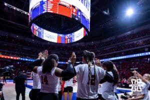 Nebraska Cornhuskers huddle up before taking on the Pittsburgh Panthers during the AVAC Showcase volleyball match on Friday, Aug. 22, 2025, in Lincoln, Nebraska. Photo by John S. Peterson.
