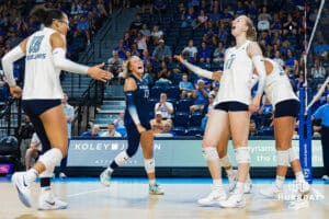 Annalea Maeder celebrates with the team during the Creighton Volleyball Exhibition game vs Colorado State on August 16th, 2025 in Omaha, Nebraska. Photo by Drew Balus