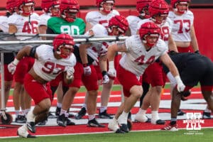 Nebraska Cornhuskers Keona Davis (97) and Riley Van Poppel (44) running drill during Nebraska’s football open scrimmage on Saturday, Aug. 2, 2025 in Lincoln, Nebraska. Photo by John S. Peterson.