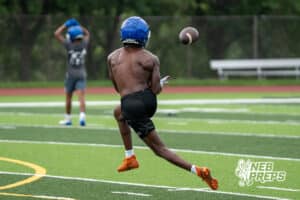 Jermaine Dortch catches a ball during Omaha North football practice on August 11th, 2025 in Omaha Nebraska. Photo by Brandon Tiedemann.