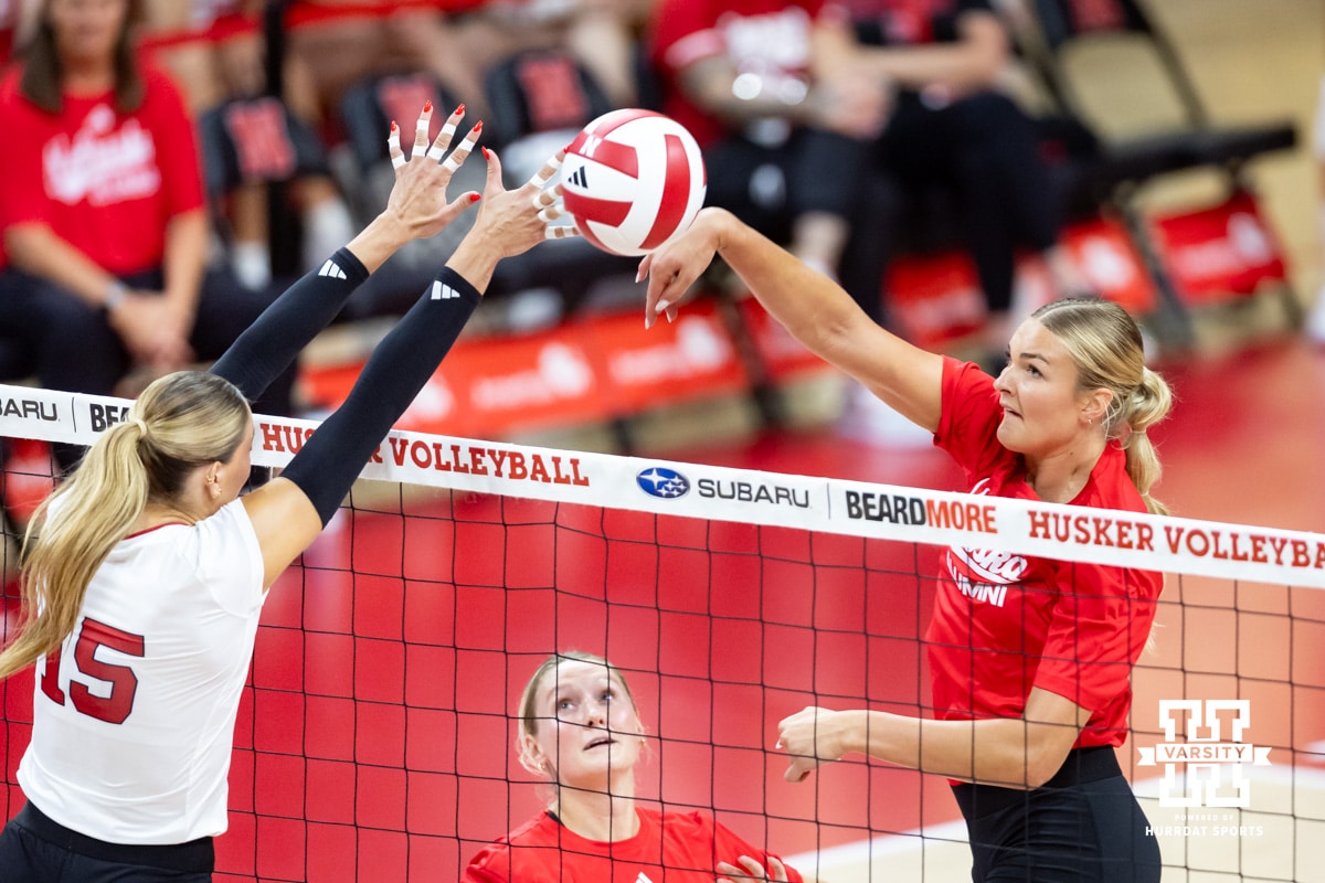 Nebraska alumnus Leyla Balckwell (15) spikes the ball against Nebraska Cornhusker Andi Jackson (15) in the first set during the Nebraska alumni match on Saturday, Aug. 16, 2025 in Lincoln, Nebraska. Photo by John S. Peterson.