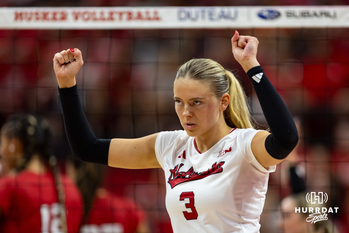 Nebraska Cornhusker Allie Sczech (3) celebrates a point against the Red team in the third set during the Red/White Scrimmage on Saturday, Aug. 9, 2025 in Lincoln, Nebraska. Photo by John S. Peterson.