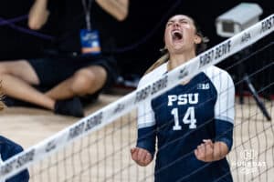 Penn State Nittany Lion Caroline Jurevicius (14) celebrates scoring a point against the Creighton Bluejays in the second set during the AVAC First Serve volleyball match on Saturday, August 23, 2025 in Lincoln, Nebraska. Photo by John S. Peterson.