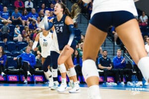 Sydney Breissinger celebrates with a fist after scoring the point during the Creighton Volleyball Exhibition game vs Colorado State on August 16th, 2025 in Omaha, Nebraska. Photo by Drew Balus