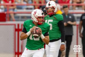 Nebraska Cornhusker Marcos Davila (16) drops back to throw a pass during Nebraska’s football open scrimmage on Saturday, Aug. 2, 2025 in Lincoln, Nebraska. Photo by John S. Peterson.