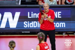 Nebraska alumni head coach Renee Saunders gving some direction for the Nebraska alumni in the first set during the Nebraska alumni match on Saturday, Aug. 16, 2025 in Lincoln, Nebraska. Photo by John S. Peterson.