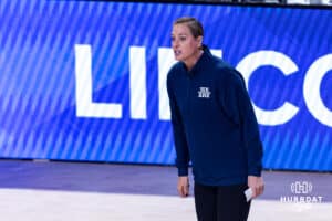 Penn State Nittany Lion head coach Katie Schumacher-Cawley reacts to the game action on the court against the Creighton Bluejays in the first set during the AVAC First Serve volleyball match on Saturday, Aug. 23, 2025 in Lincoln, Nebraska. Photo by John S. Peterson.