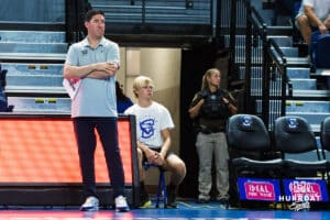 Head Coach, Brian Rosen, looks to the side during the Creighton Volleyball Exhibition game vs Colorado State on August 16th, 2025 in Omaha, Nebraska. Photo by Drew Balus