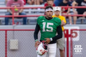 Nebraska Cornhusker Dylan Raiola (15) working drills during Nebraska’s football open scrimmage on Saturday, Aug. 2, 2025 in Lincoln, Nebraska. Photo by John S. Peterson.