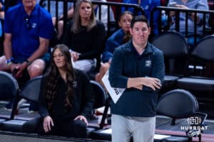 Creighton Bluejay head coach Brian Rosen watches the acton on the court against the Penn State Nittany Lions in first set during the AVAC First Serve volleyball match on Saturday, Aug. 23, 2025 in Lincoln, Nebraska. Photo by John S. Peterson.