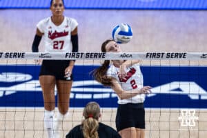 Nebraska Cornhusker Bergen Reilly (2) quickly hits the ball over the net against the Stanford Cardinals in the first set during the AVAC First Serve volleyball match on Sunday, Aug. 24, 2025 in Lincoln, Nebraska. Photo by John S. Peterson.