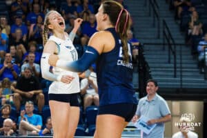 Annalea Maeder screams after the point during the Creighton Volleyball Exhibition game vs Colorado State on August 16th, 2025 in Omaha, Nebraska. Photo by Drew Balus