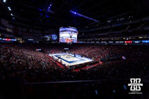 Volleyball fans packed the Pinnacle Bank Arena for the Nebraska vs. Pitt match during the AVAC Showcase volleyball match on Friday, Aug. 22, 2025, in Lincoln, Nebraska. Photo by John S. Peterson.