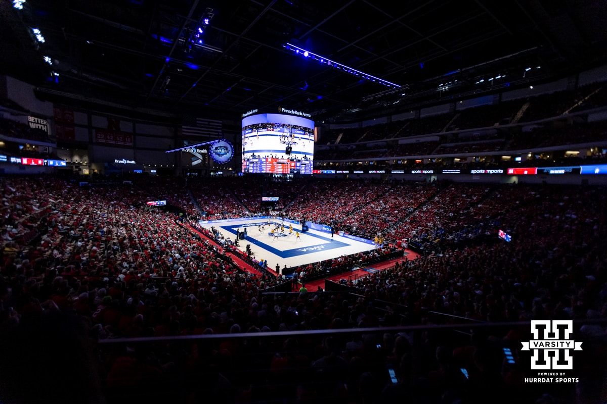 Volleyball fans packed the Pinnacle Bank Arena for the Nebraska vs. Pitt match during the AVAC Showcase volleyball match on Friday, Aug. 22, 2025, in Lincoln, Nebraska. Photo by John S. Peterson.