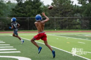 Darion Jones catches a pass during Omaha North football practice on August 11th, 2025 in Omaha Nebraska. Photo by Brandon Tiedemann.