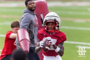 Nebraska Cornhusker Jacory Barney Jr. (17) makes a catch during Nebraska’s football open scrimmage on Saturday, Aug. 2, 2025 in Lincoln, Nebraska. Photo by John S. Peterson.