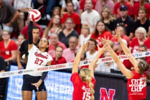 Nebraska Cornhusker Harper Murray (27) spikes the ball against Nebraska alumni Leyla Balckwell (15) and Lindsay Krause (22) during the Nebraska alumni match on Saturday, Aug. 16, 2025 in Lincoln, Nebraska. Photo by John S. Peterson.
