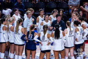 Creighton Bluejay head coach Brian Rosen talks to the team at a break in the action against Penn State Nittany Lions in the first set during the AVAC First Serve volleyball match on Saturday, Aug. 23, 2025 in Lincoln, Nebraska. Photo by John S. Peterson.