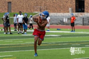 Darion Jones catches a pass during Omaha North football practice on August 11th, 2025 in Omaha Nebraska. Photo by Brandon Tiedemann.