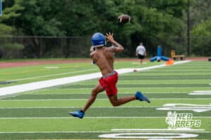 Darion Jones catches a pass during Omaha North football practice on August 11th, 2025 in Omaha Nebraska. Photo by Brandon Tiedemann.