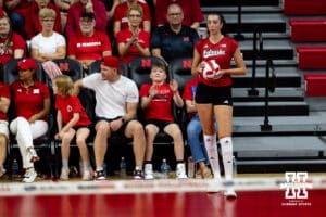 Nebraska Cornhusker Virginia Adriano (9) ready to serve the ball in the second set during the Red/White Scrimmage on Saturday, Aug. 9, 2025 in Lincoln, Nebraska. Photo by John S. Peterson.