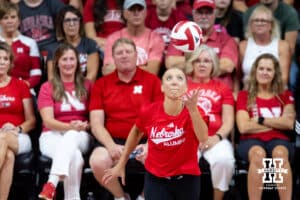 Nebraska alumnus Jordan Larson (10)serves the ball during the Nebraska alumni match on Saturday, Aug. 16, 2025 in Lincoln, Nebraska. Photo by John S. Peterson.
