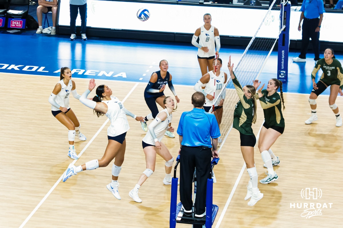 Jaya Johnson jumps to spike the ball during the Creighton Volleyball Exhibition game vs Colorado State on August 16th, 2025 in Omaha, Nebraska. Photo by Drew Balus