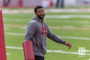 Nebraska Cornhusker wide receiver coach Daikiel Shorts Jr. running drills during Nebraska’s football open scrimmage on Saturday, Aug. 2, 2025 in Lincoln, Nebraska. Photo by John S. Peterson.