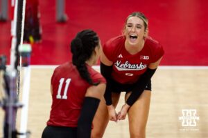 Nebraska Cornhusker Kenna Cogill (8) celebrates a point with Teraya Sigler (11) during the Red/White Scrimmage on Saturday, Aug. 9, 2025 in Lincoln, Nebraska. Photo by John S. Peterson.