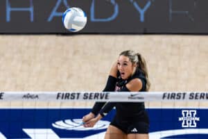 Nebraska Cornhusker Laney Choboy (6) makes a pass against Stanford Cardinals in the second set during the AVAC First Serve volleyball match on Sunday, Aug. 24, 2025 in Lincoln, Nebraska. Photo by John S. Peterson.