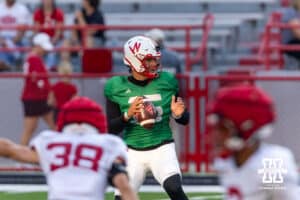 Nebraska Cornhusker Dylan Raiola (15) drops back to throw a pass during Nebraska’s football open scrimmage on Saturday, Aug. 2, 2025 in Lincoln, Nebraska. Photo by John S. Peterson.