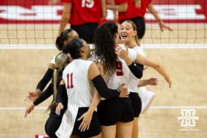 Nebraska Cornhuskers celebrate a point against the Nebraska alumni in the first set during the Nebraska alumni match on Saturday, Aug. 16, 2025 in Lincoln, Nebraska. Photo by John S. Peterson.