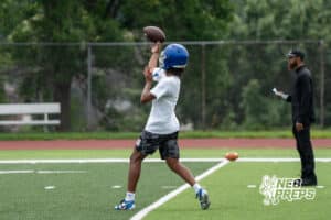 Elijah Cannon throws a pass during Omaha North football practice on August 11th, 2025 in Omaha Nebraska. Photo by Brandon Tiedemann.