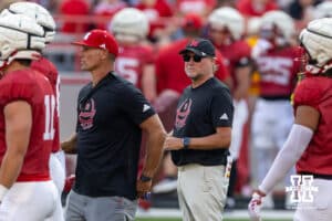 Nebraska Cornhusker offensive coordinator Dana Holgorsen watching the action during Nebraska’s football open scrimmage on Saturday, Aug. 2, 2025 in Lincoln, Nebraska. Photo by John S. Peterson.