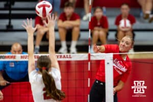 Nebraska alumnus Jordan Larson (10) spikes the ball against Nebraska Cornhusker Bergen Reilly (2) in the first set during the Nebraska alumni match on Saturday, Aug. 16, 2025 in Lincoln, Nebraska. Photo by John S. Peterson.