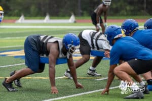 Marquise McIntyre-Dailey gets set during Omaha North football practice on August 11th, 2025 in Omaha Nebraska. Photo by Brandon Tiedemann.
