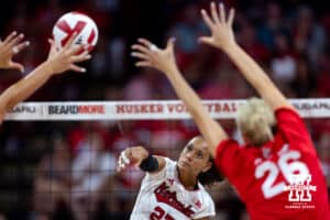 Nebraska Cornhusker Harper Murray (27) spike the ball against the Nebraska alumni team in the second set during the Nebraska alumni match on Saturday, Aug. 16, 2025 in Lincoln, Nebraska. Photo by John S. Peterson.