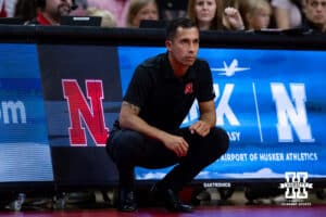 Nebraska Cornhuskers assistant coach Jaylan Reyes watches the action on the court Nebraska alumni during the Nebraska alumni match on Saturday, Aug. 16, 2025 in Lincoln, Nebraska. Photo by John S. Peterson.