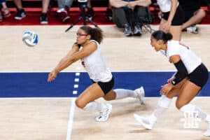 Nebraska Cornhusker Rebekah Allick (5) digs the ball against the Pittsburgh Panthers in the second set during the AVAC Showcase volleyball match on Friday, Aug. 22, 2025 in Lincoln, Nebraska. Photo by John S. Peterson.