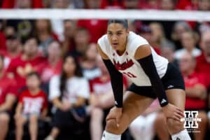 Nebraska Cornhusker Teraya Sigler (11) ready for a serve from the Nebraska alumni in the second set during the Nebraska alumni match on Saturday, Aug. 16, 2025 in Lincoln, Nebraska. Photo by John S. Peterson.