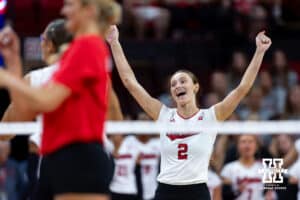Nebraska Cornhusker Bergen Reilly (2) celebrates a point against the Nebraska alumni in the second set during the Nebraska alumni match on Saturday, Aug. 16, 2025 in Lincoln, Nebraska. Photo by John S. Peterson.