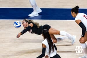 Nebraska Cornhusker Laney Choboy (6) dives for the dig against the Stanford Cardinals in the second set during the AVAC First Serve volleyball match on Sunday, Aug. 24, 2025 in Lincoln, Nebraska. Photo by John S. Peterson.