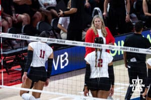 Nebraska Cornhusker head coach Dani Busboom Kelly reacts to Teraya Sigler (11) in the fourth set during the AVAC Showcase volleyball match on Friday, Aug. 22, 2025, in Lincoln, Nebraska. Photo by John S. Peterson.