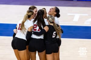 Huskers celebrate a point in the fourth set against the Pittsburgh Panthers during the AVAC Showcase volleyball match on Friday, Aug. 22, 2025, in Lincoln, Nebraska. Photo by John S. Peterson.