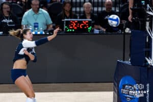 Penn State Nittany Lion Caroline Jurevicius (14)spikes the ball against the Creighton Bluejays for match point during the AVAC First Serve volleyball match on Saturday, Aug. 23, 2025 in Lincoln, Nebraska. Photo by John S. Peterson.