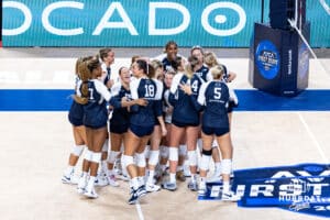 Penn State Nittany Lions celebrates the win in three sets over the Creighton Bluejays during the AVAC First Serve volleyball match on Saturday, Aug. 23, 2025 in Lincoln, Nebraska. Photo by John S. Peterson.