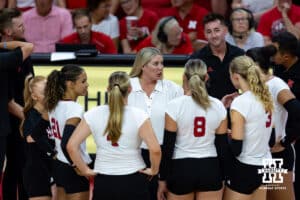 Nebraska Cornhusker head coach Dani Busboom Kelly talks to the Huskers at a break in the action against the Nebraska alumni in the third set during the Nebraska alumni match on Saturday, Aug. 16, 2025 in Lincoln, Nebraska. Photo by John S. Peterson.