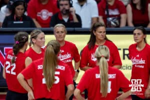 Nebraska alumni head coach Renee Saunders talks to the alumni team at a break in the aciton against the Nebraska Cornhuskers in the third set during the Nebraska alumni match on Saturday, Aug. 16, 2025 in Lincoln, Nebraska. Photo by John S. Peterson.