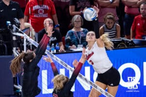 Nebraska Cornhusker Allie Sczech (3)spikes the ball against the Stanford Cardinals during the AVAC First Serve volleyball match on Sunday, Aug. 24, 2025 in Lincoln, Nebraska. Photo by John S. Peterson.